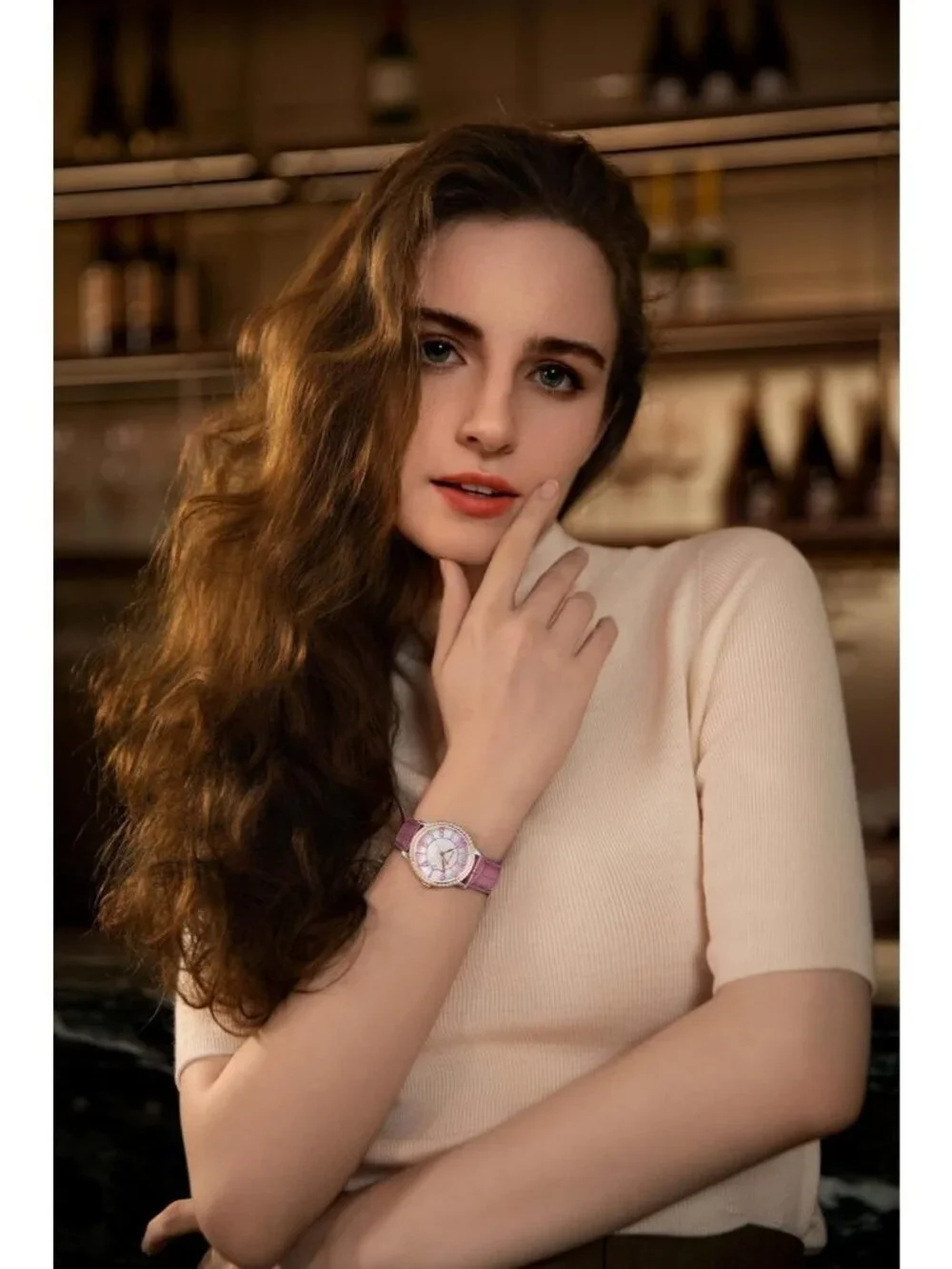 Women's Purple Dainty Watch Mother of Pearl Dial Leather Strap Quartz Wristwatch